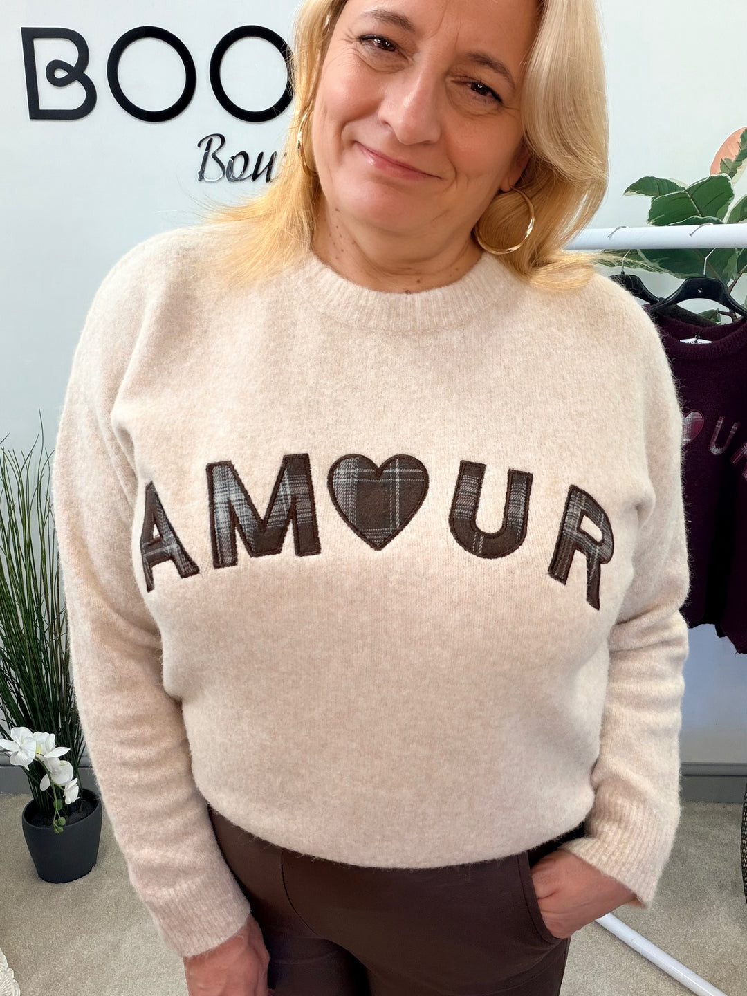 LADIES KNITTED AMOUR JUMPER - BEIGE, BROWN & BERRY