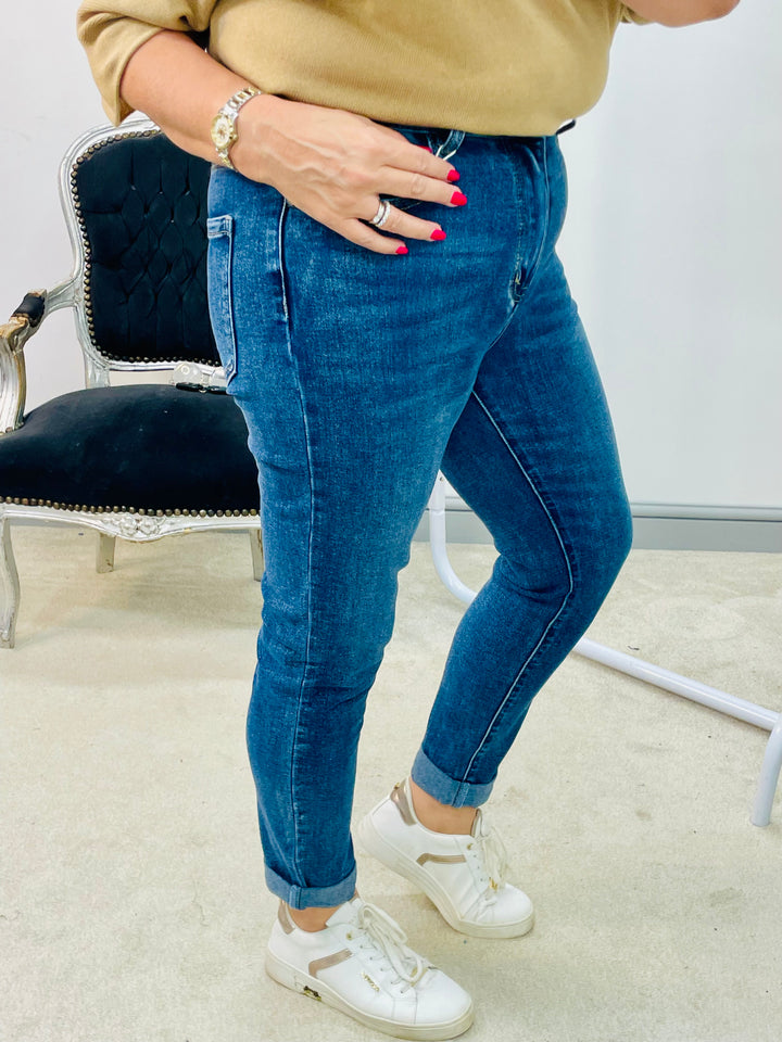 LADIES DARK BLUE DENIM MOM FIT JEANS