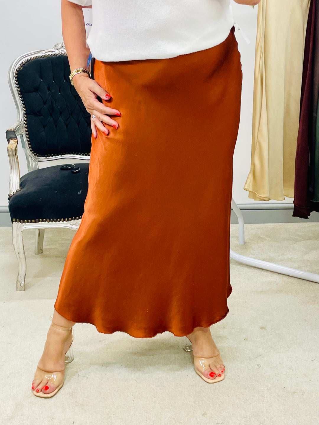 LADIES SATIN MAXI SKIRT - WINE, BLACK, BROWN, RUST, KHAKI, GOLD, NAVY