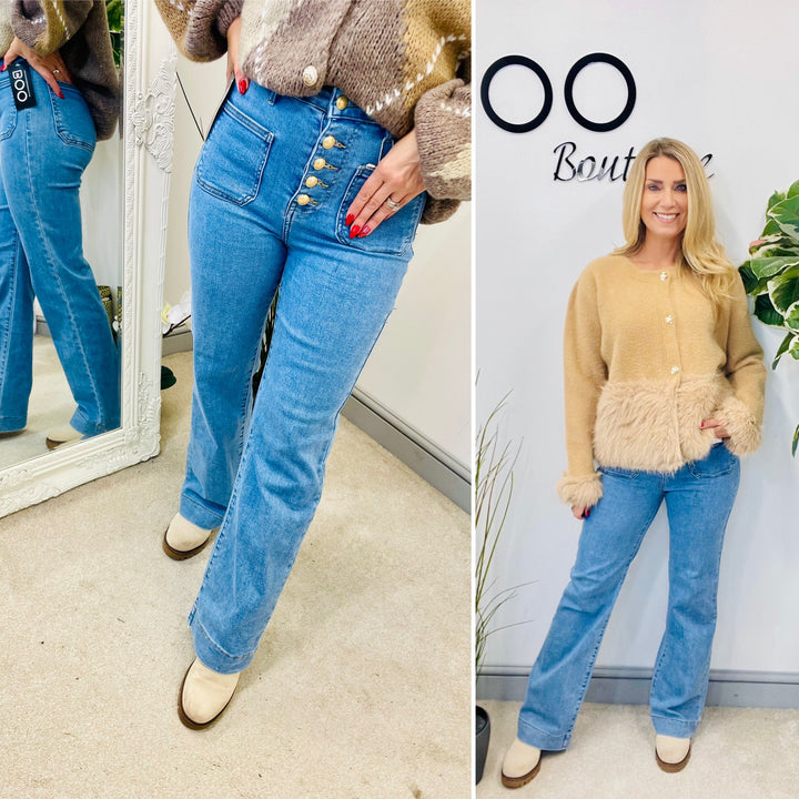 LADIES LIGHT DENIM WIDE LEG BUTTON FLY JEANS