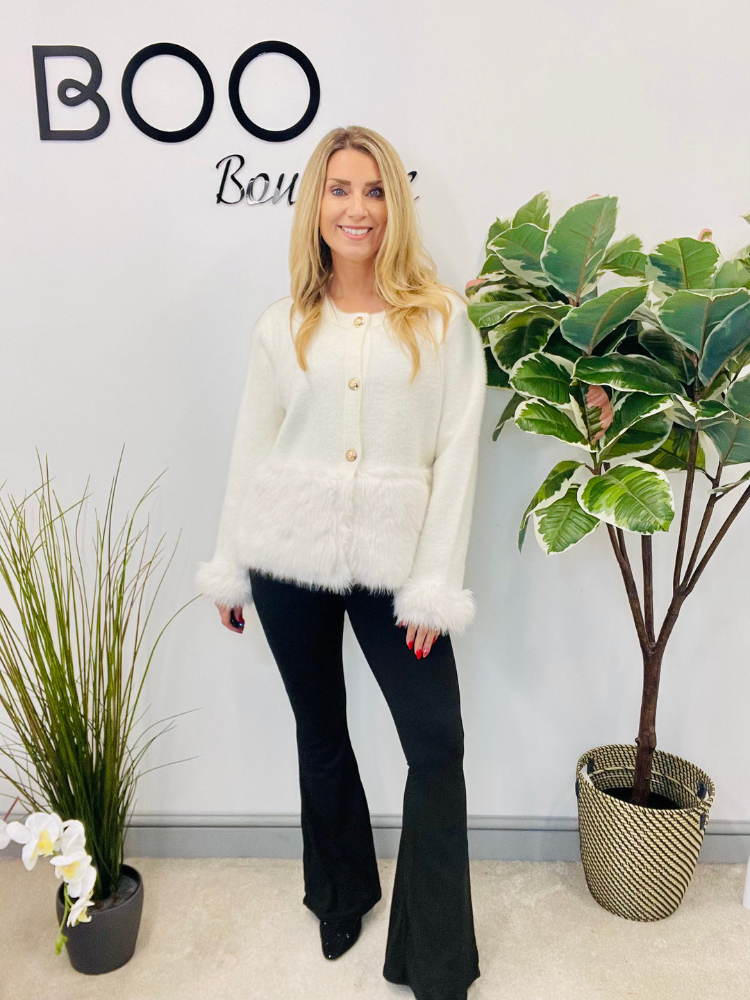 LADIES KNITTED FLUFFY FAUX FUR CARDIGAN - CAMEL, CREAM & BLACK