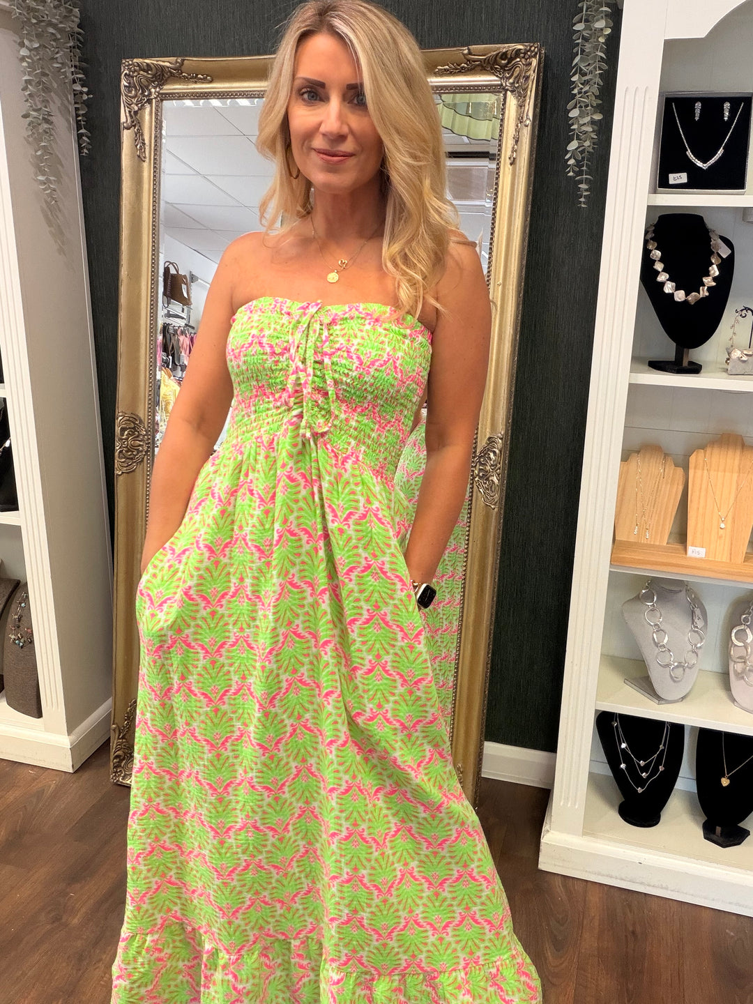 Ladies Fashion Summer Strapless Maxi Dress - Pink, Yellow, Orange, Green, Navy