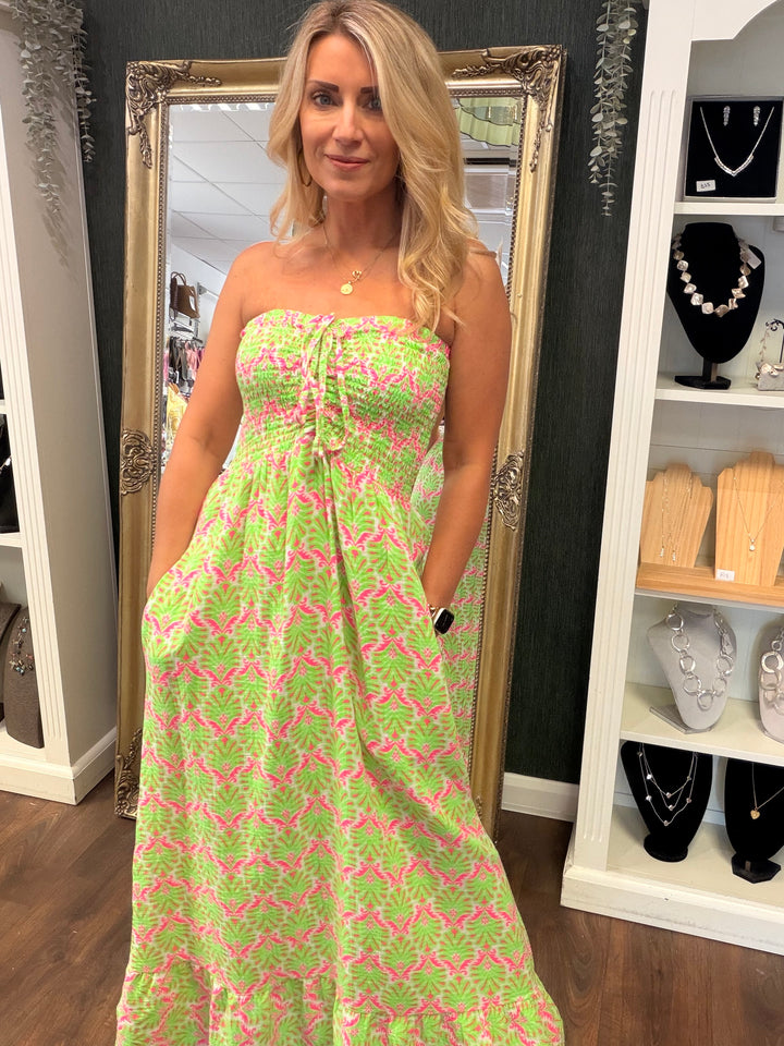 Ladies Fashion Summer Strapless Maxi Dress - Pink, Yellow, Orange, Green, Navy