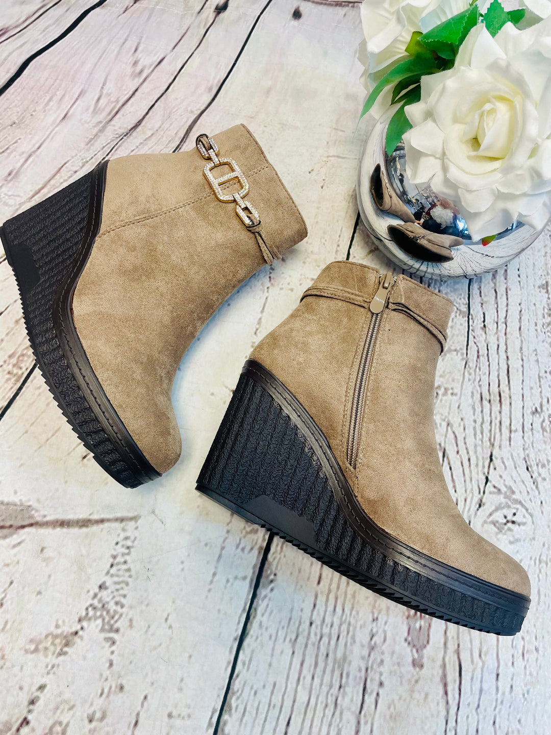 LADIES WOMENS BEIGE FAUX SUEDE WEDGE HEEL ANKLE BOOTS