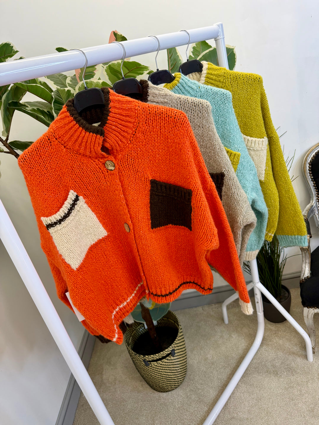 LADIES FUNKY CHUNKY KNIT TWO TONE CARDIGAN - MINT, BEIGE, ORANGE & LIME