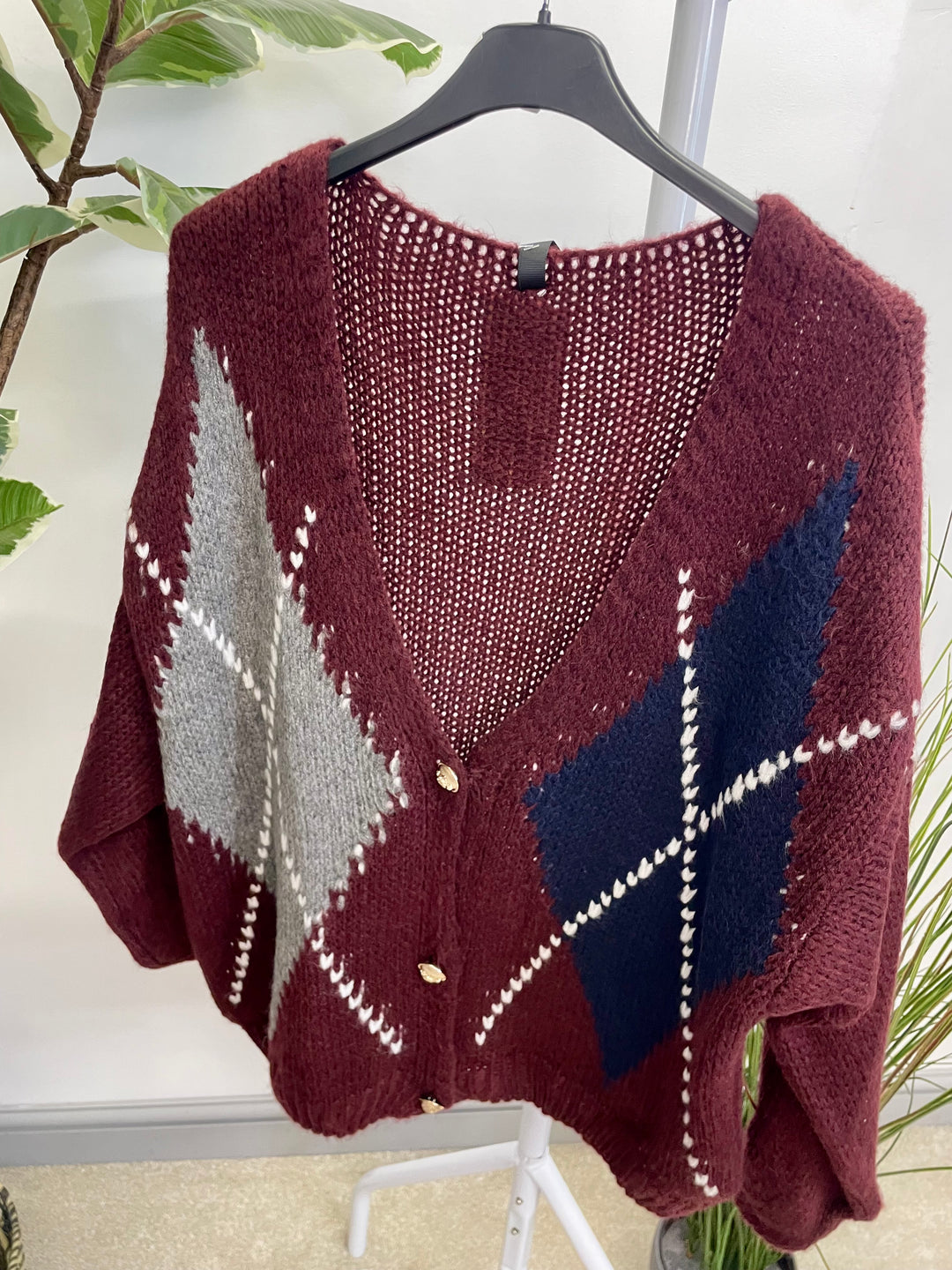 LADIES ARGYLE KNIT OVERSIZE CARDIGAN - BERRY, BEIGE, BROWN, MOCHA