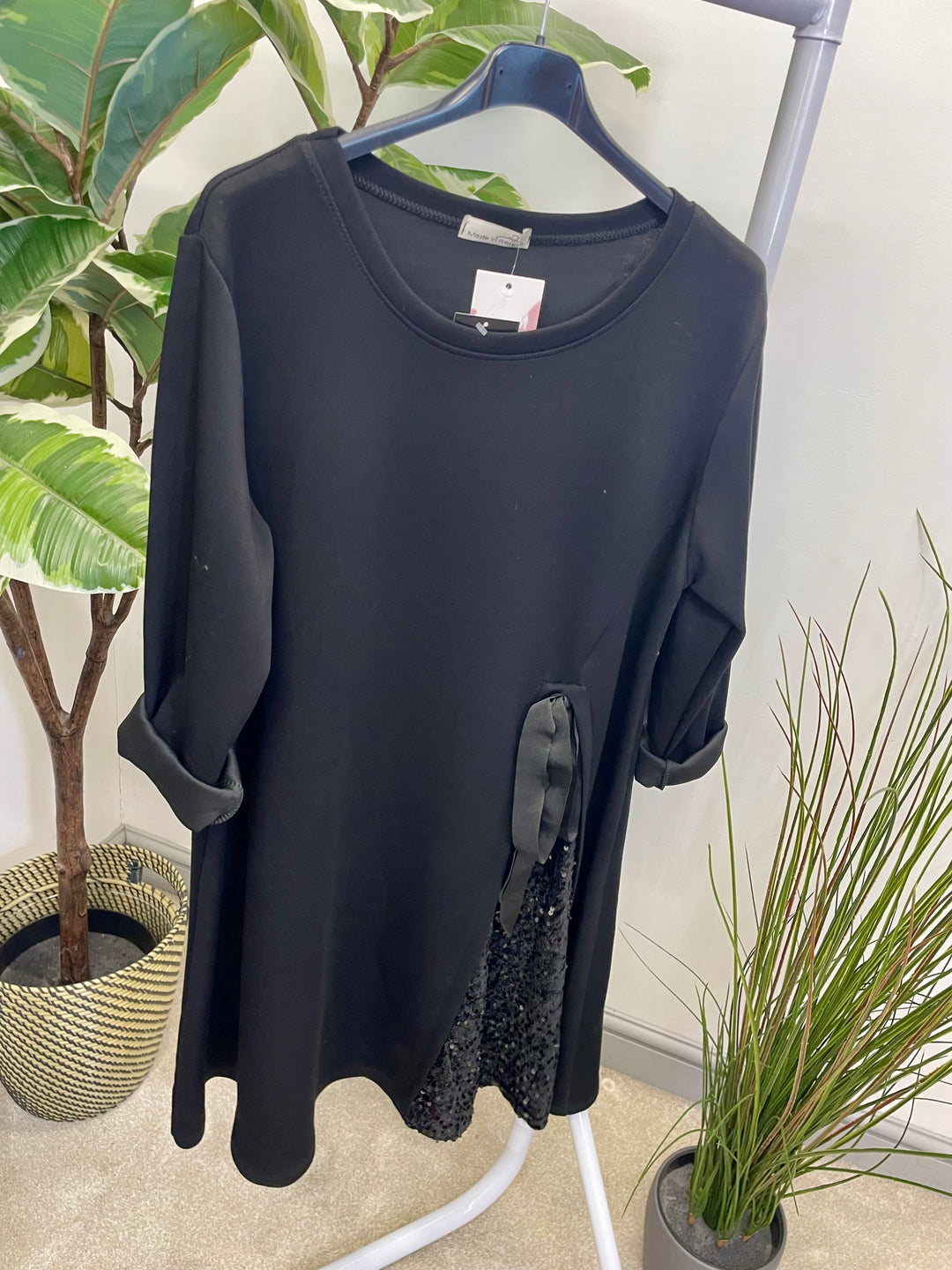 LADIES BLACK SWEATSHIRT STYLE SEQUIN DETAIL DRESS