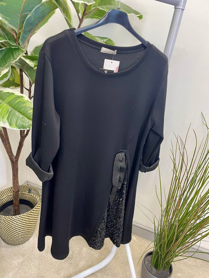 LADIES BLACK SWEATSHIRT STYLE SEQUIN DETAIL DRESS