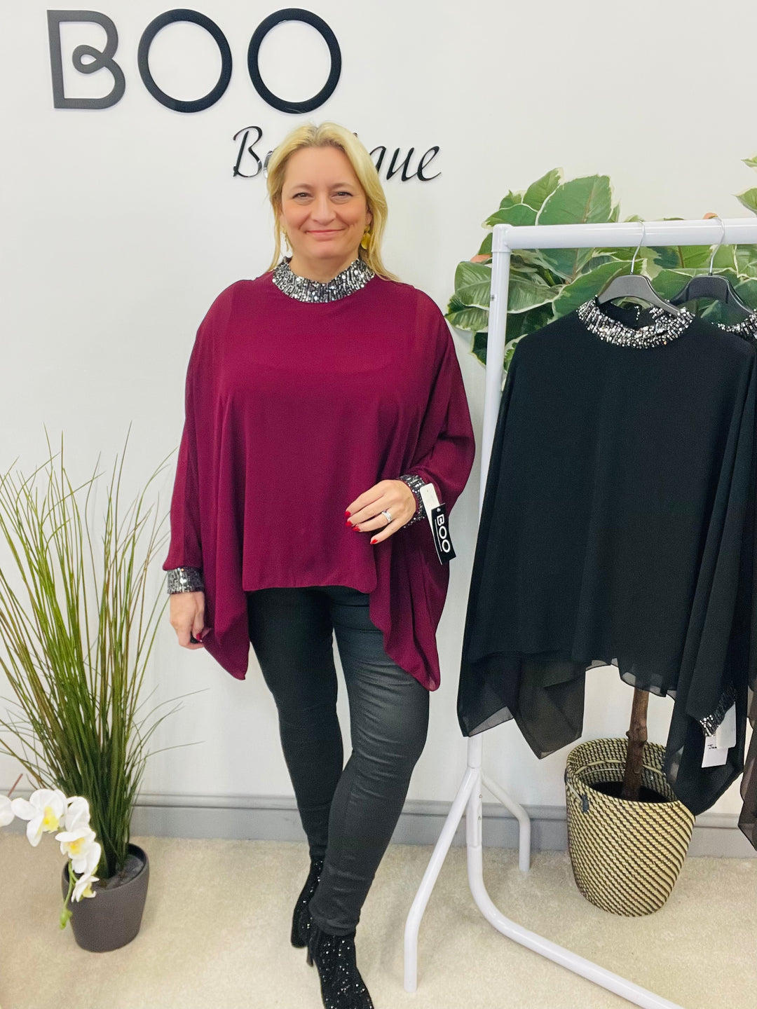 LADIES CHIFFON FLOATY SEQUIN PARTY TOP - BROWN, BLACK, BERRY