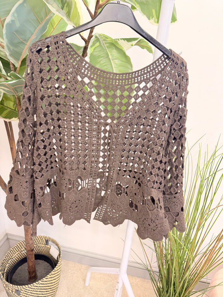 Ladies Fashion Crochet Bolero Cardigan chocolate brown