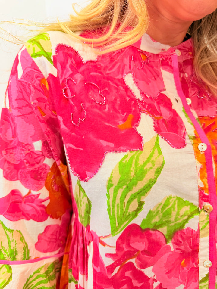 Ladies Pink Flower Print Swing Smock Summer Mini Dress