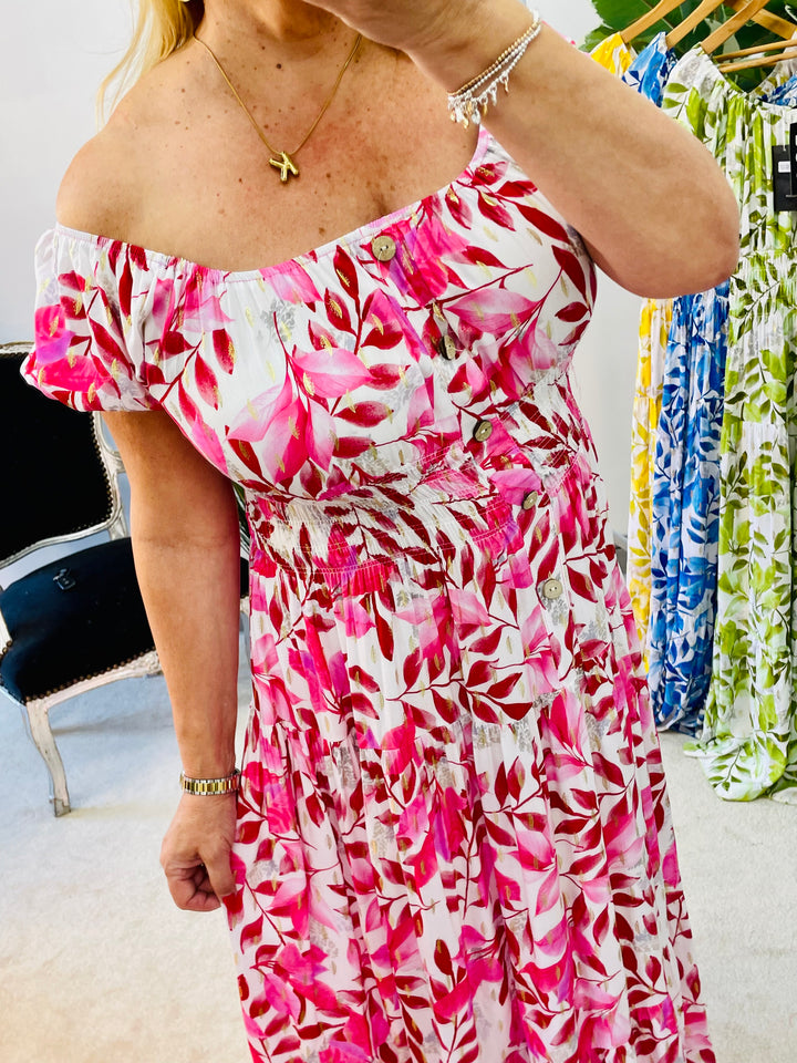 LADIES SUMMER BARDOT MAXI DRESS - PINK, BLUE, GREEN, YELLOW