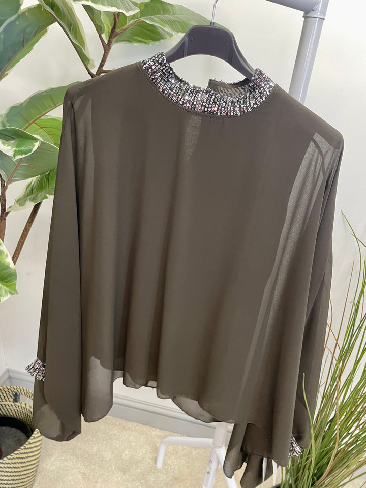 LADIES CHIFFON FLOATY SEQUIN PARTY TOP - BROWN, BLACK, BERRY