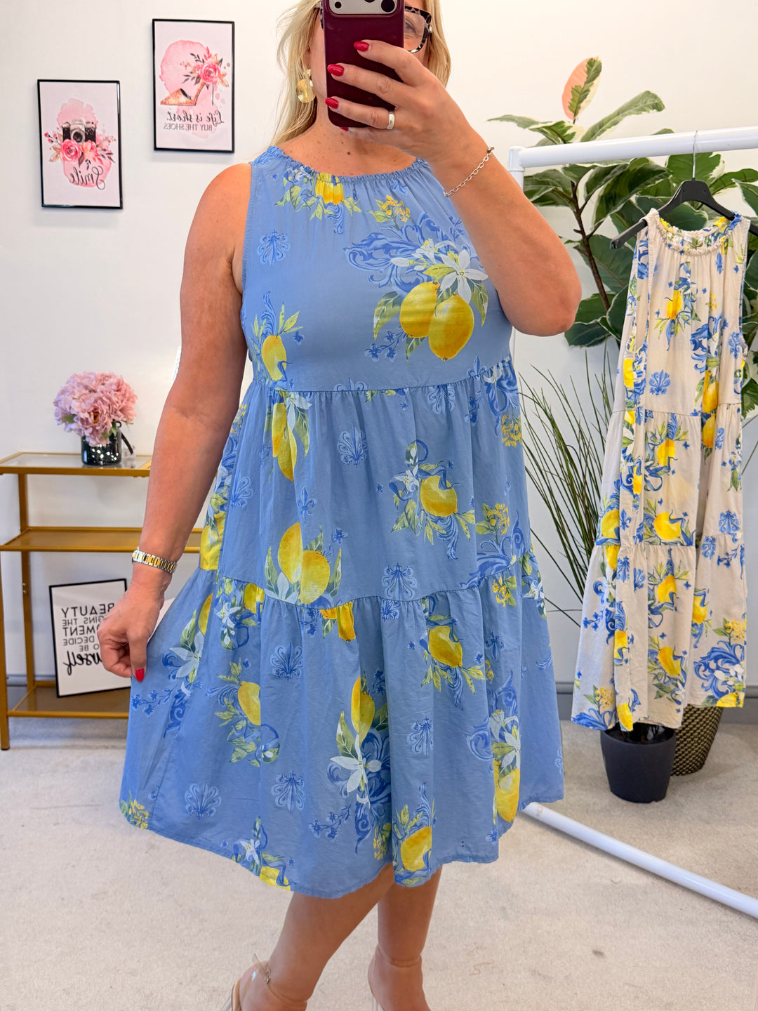 Ladies Lemon Print Summer Sun Dress - Blue & Beige