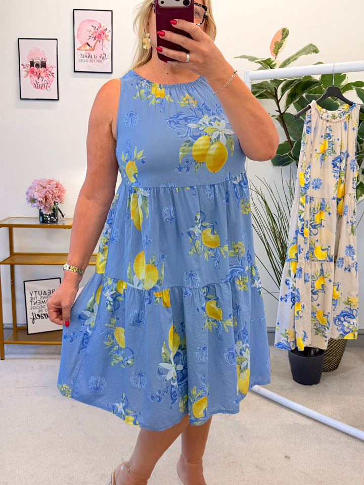 Ladies Lemon Print Summer Sun Dress - Blue & Beige