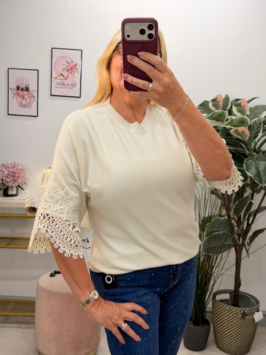 Ladies Diamante & Lace Short Sleeve Jumper - Black, Cream & Red