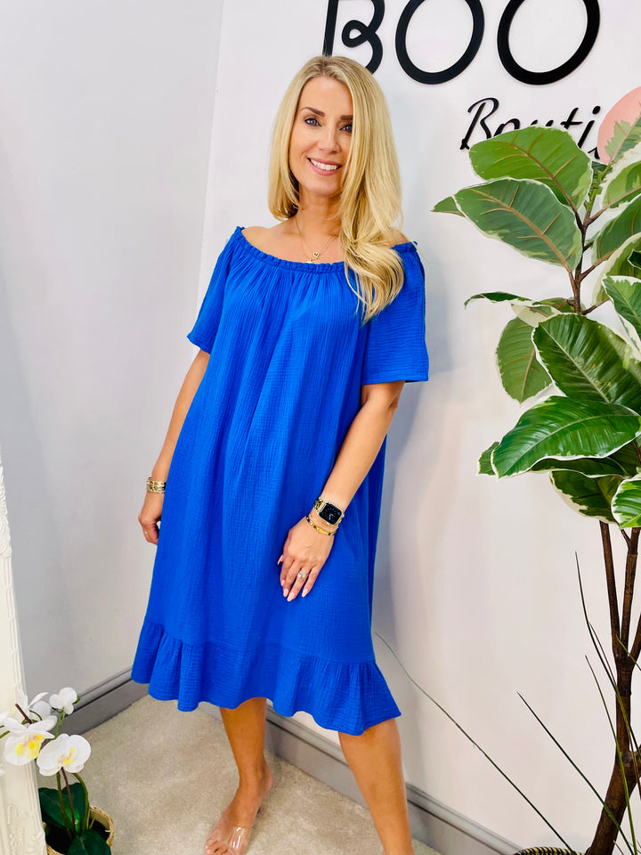 LADIES CHEESECLOTH SUMMER BARDOT MIDI DRESS - NAVY, WHITE, KHAKI, PINK, BLUE