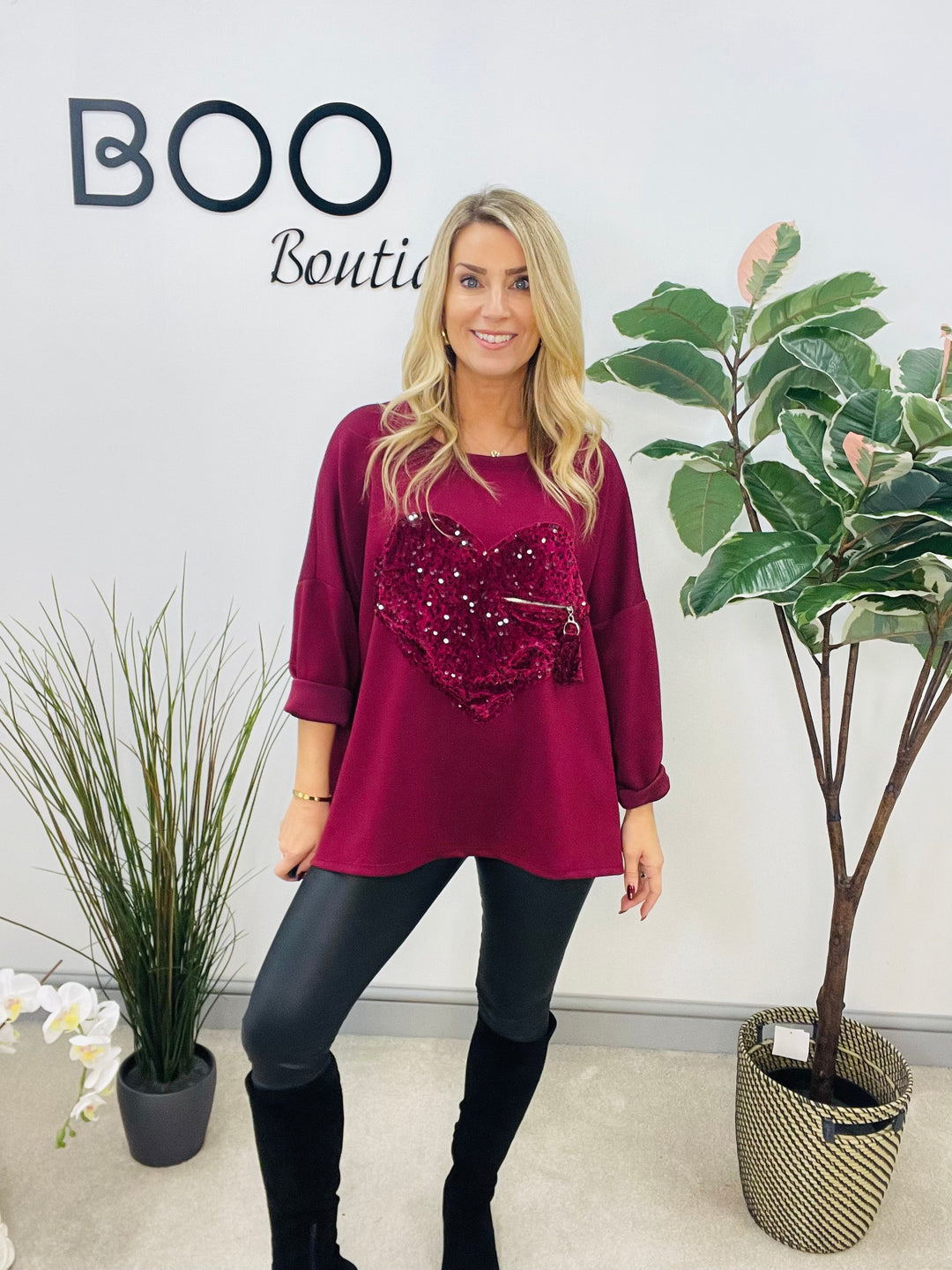 LADIES SCUBA SEQUIN HEART SWEATSHIRT TOP - BURGUNDY, BLACK, BROWN, BEIGE