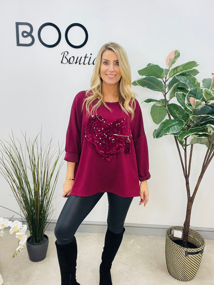 LADIES SCUBA SEQUIN HEART SWEATSHIRT TOP - BURGUNDY, BLACK, BROWN, BEIGE