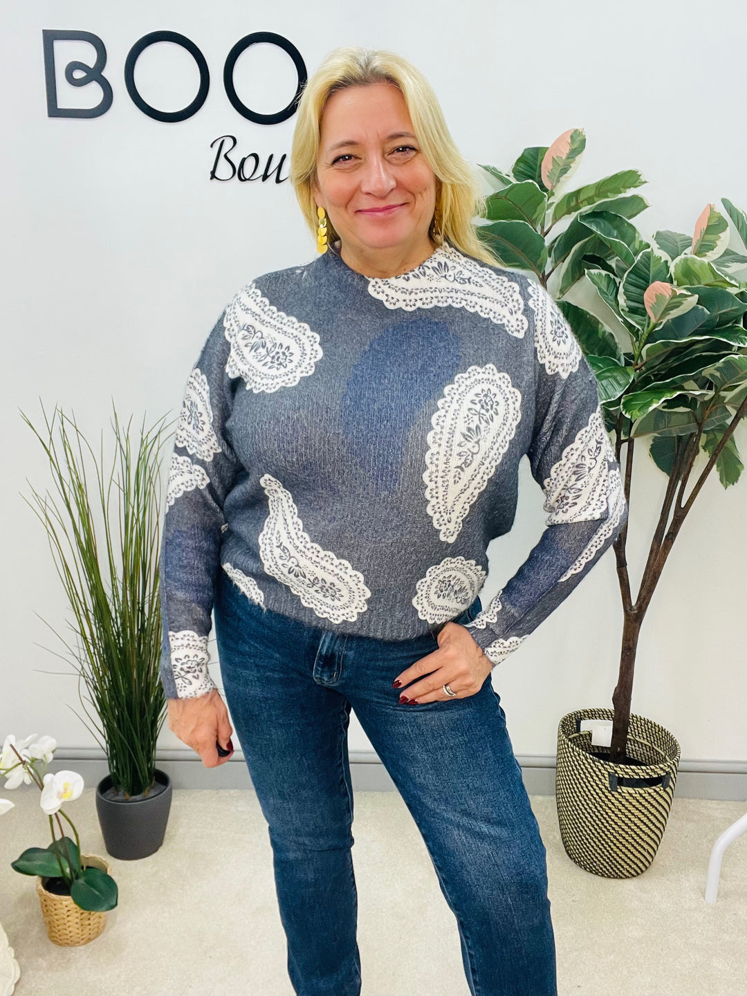 LADIES SOFT KNIT BLUE PAISLEY PRINT JUMPER