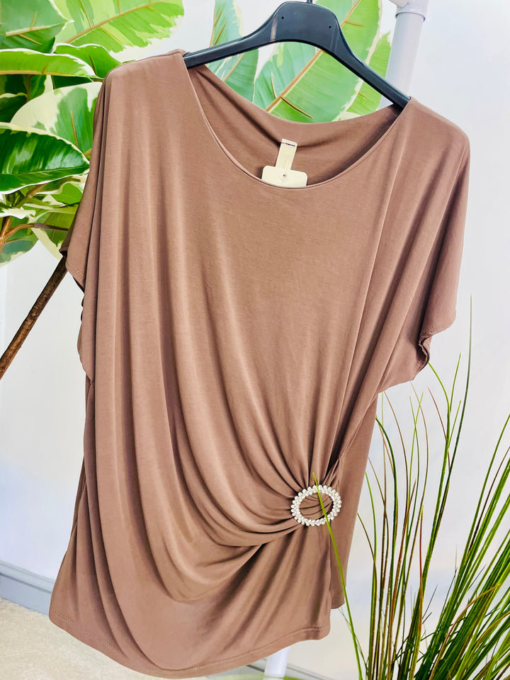 LADIES STRETCH RUCHE SIDE SHORT SLEEVE TOP - BURGUNDY, NAVY, BEIGE & BLACK