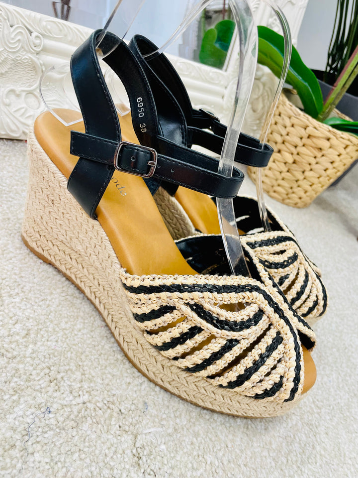 LADIES WOMENS BLACK & BEIGE WEDGE HIGH HEEL SANDALS  sizes 3 to 8