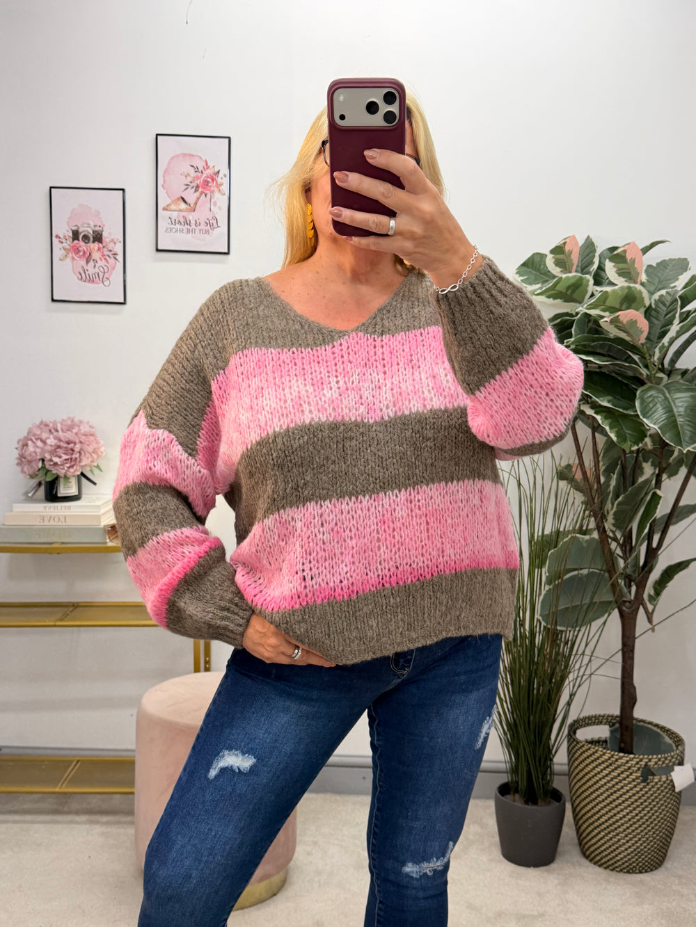 Ladies Fashion Stripe Slouch Chunky Knit Jumper - Mocha, Grey & Beige