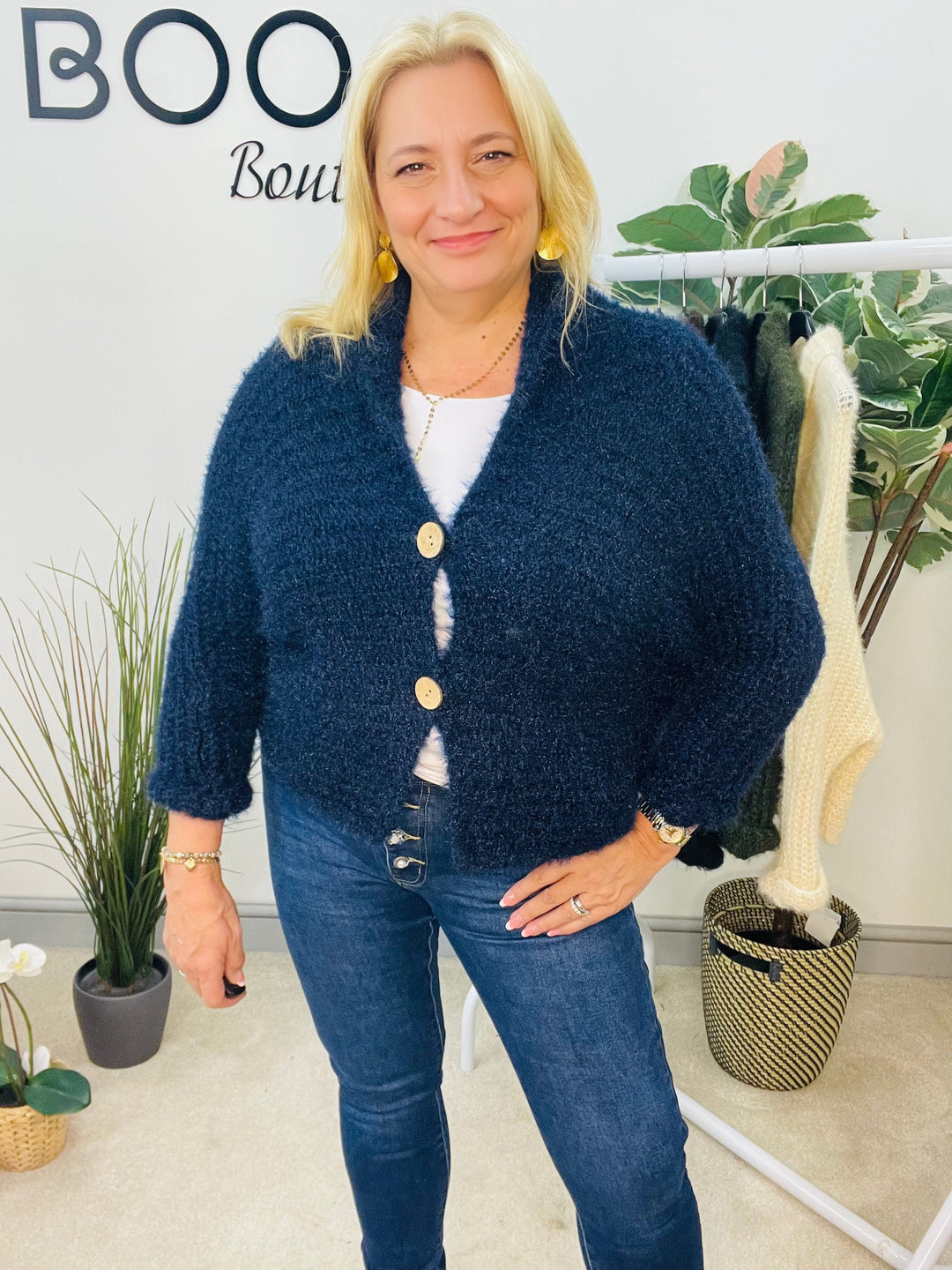 LADIES FLUFFY KNIT CARDIGAN - KHAKI, NAVY, GREY, BLACK, BEIGE, BROWN