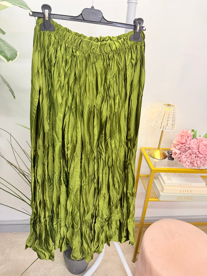 Ladies Fashion Satin Crinkle Maxi Skirt - Black, Navy, Brown, Khaki & Lime