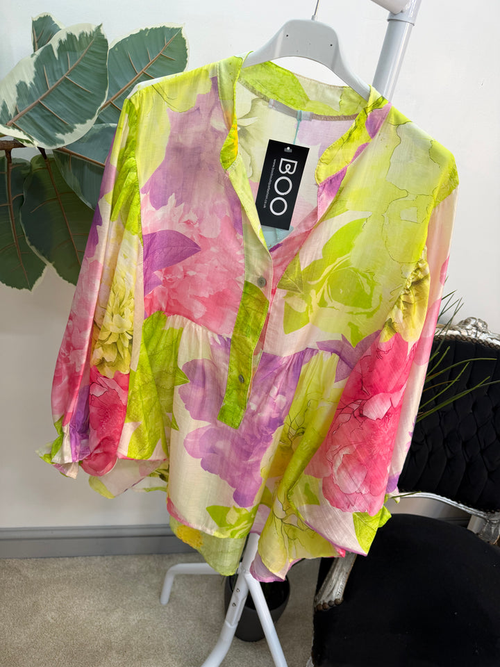 Ladies Fashion Boho Style Grandad Shirt - pink and khaki