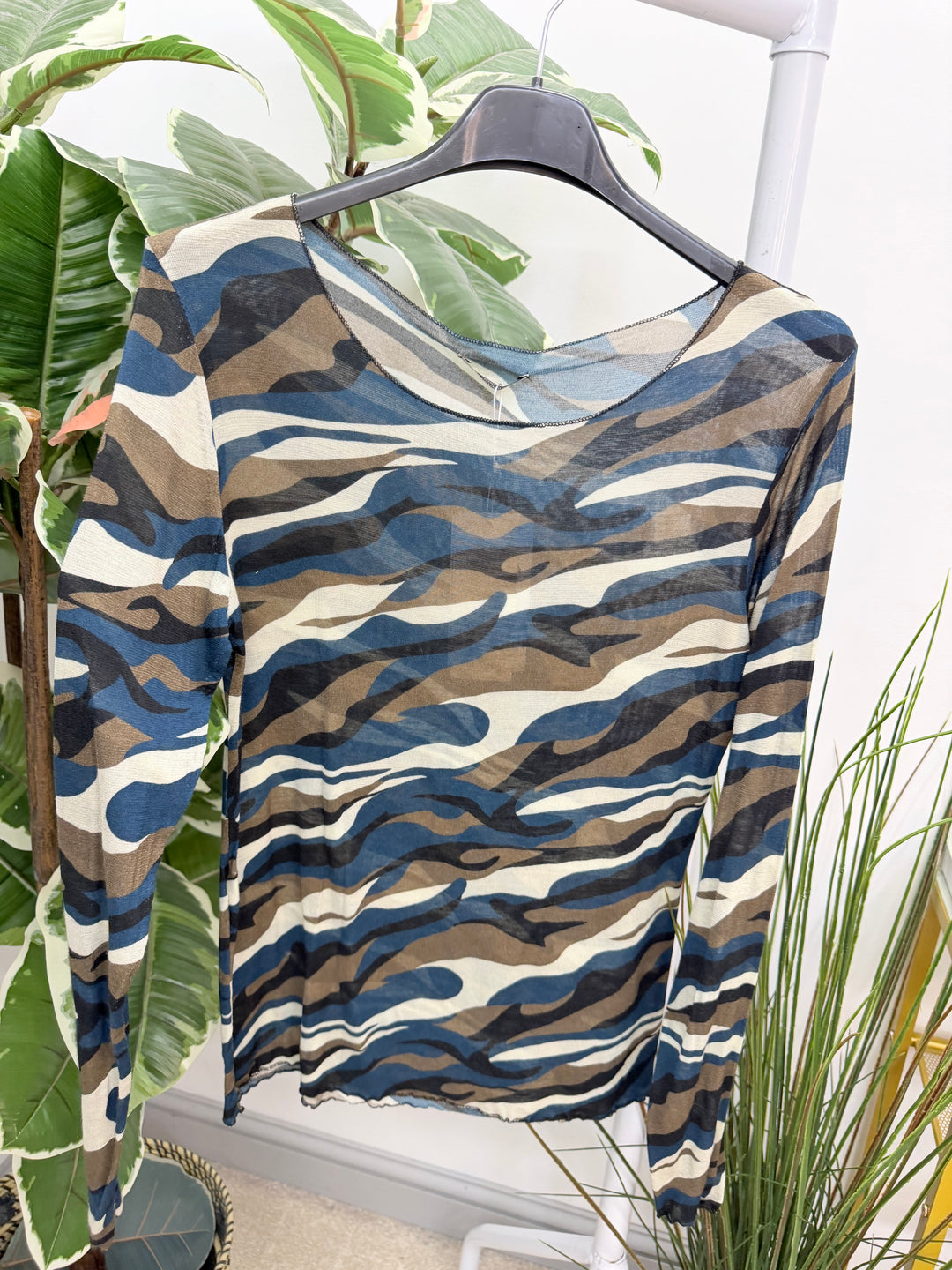 Womens sheer camouflage layer top - blue, khaki, navy & black