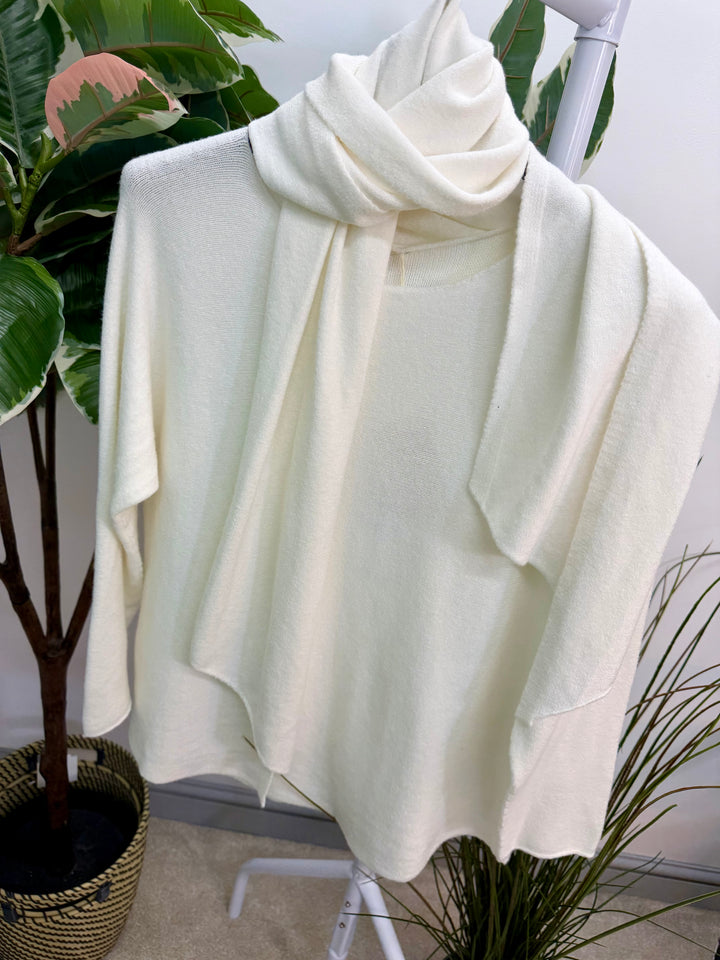 LADIES KNITTED JUMPER & SCARF SET - PINK, BLACK, WHITE & MINT