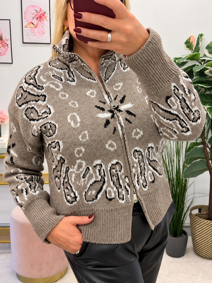 Women's zip up bandana print cardigan - khaki & beige