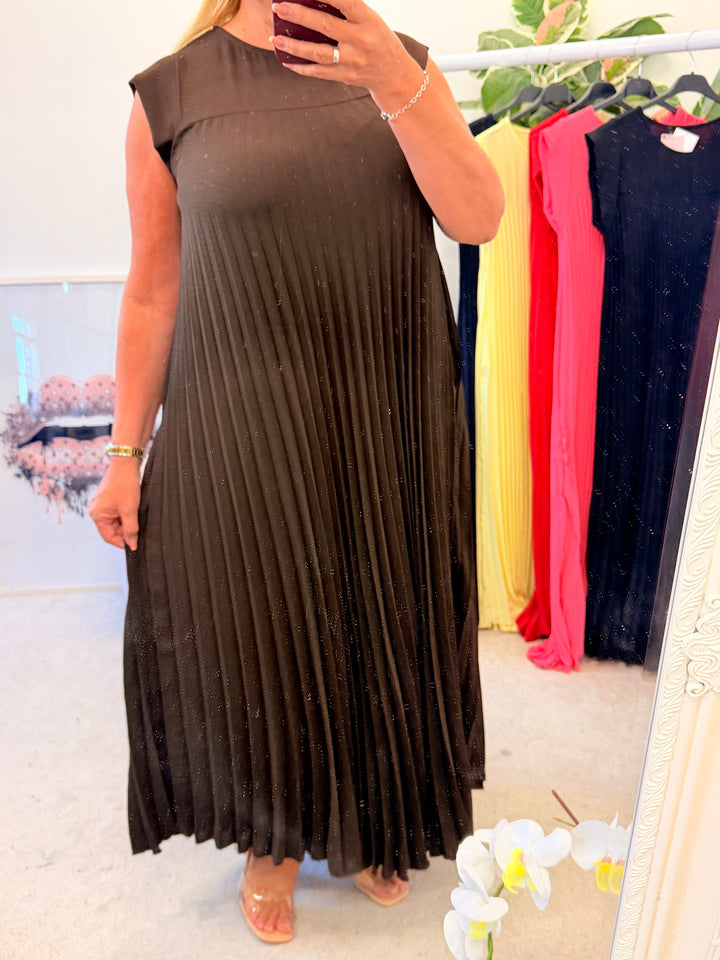 Ladies Fashion Pleated Maxi Dress - Black, Navy, Red, Lemon, Pink, Raspberry