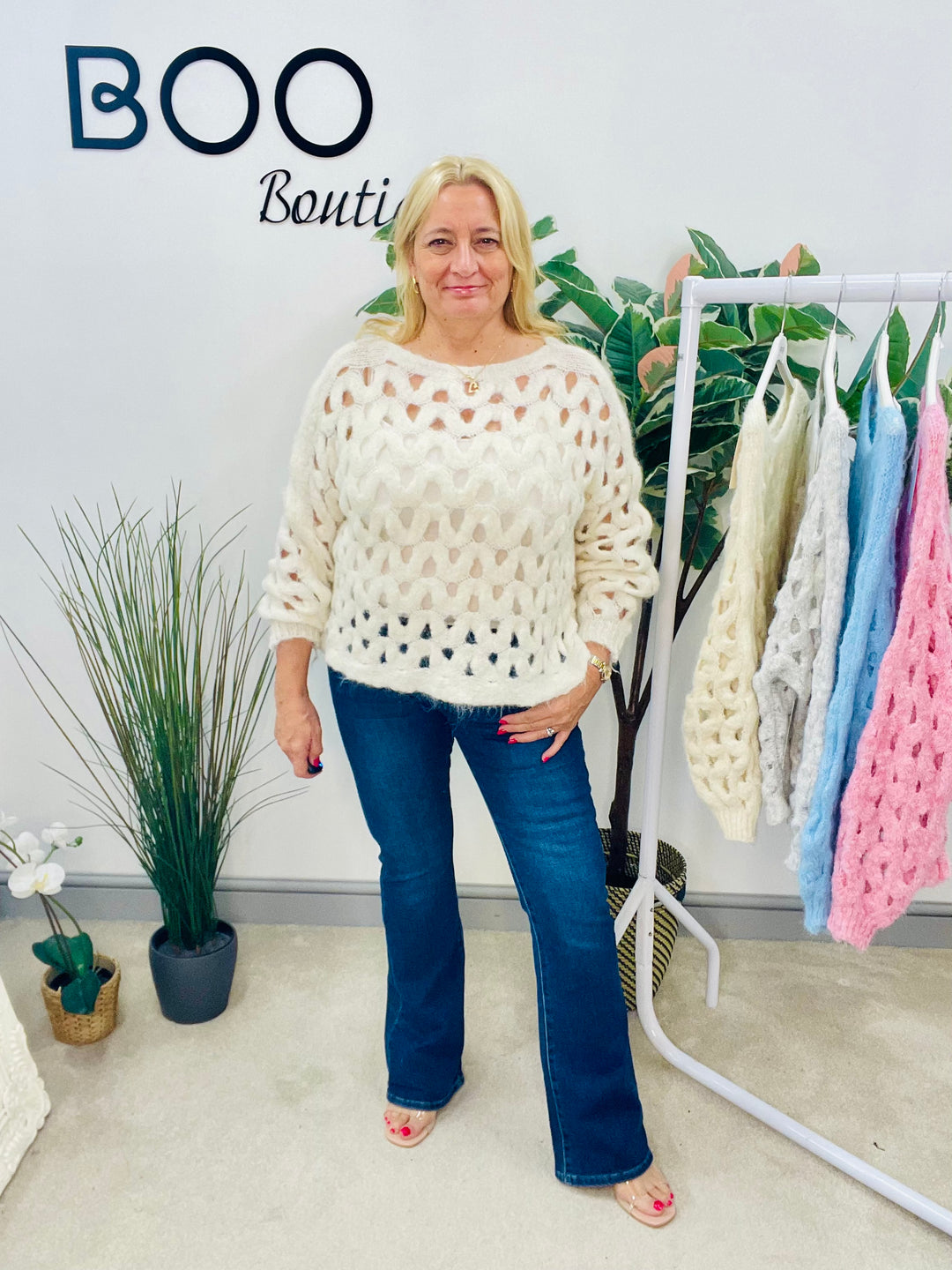 LADIES HOLEY BOX STYLE JUMPER - BLUE, BEIGE, CREAM, PINK & GREY