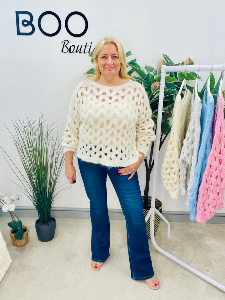 LADIES HOLEY BOX STYLE JUMPER - BLUE, BEIGE, CREAM, PINK & GREY
