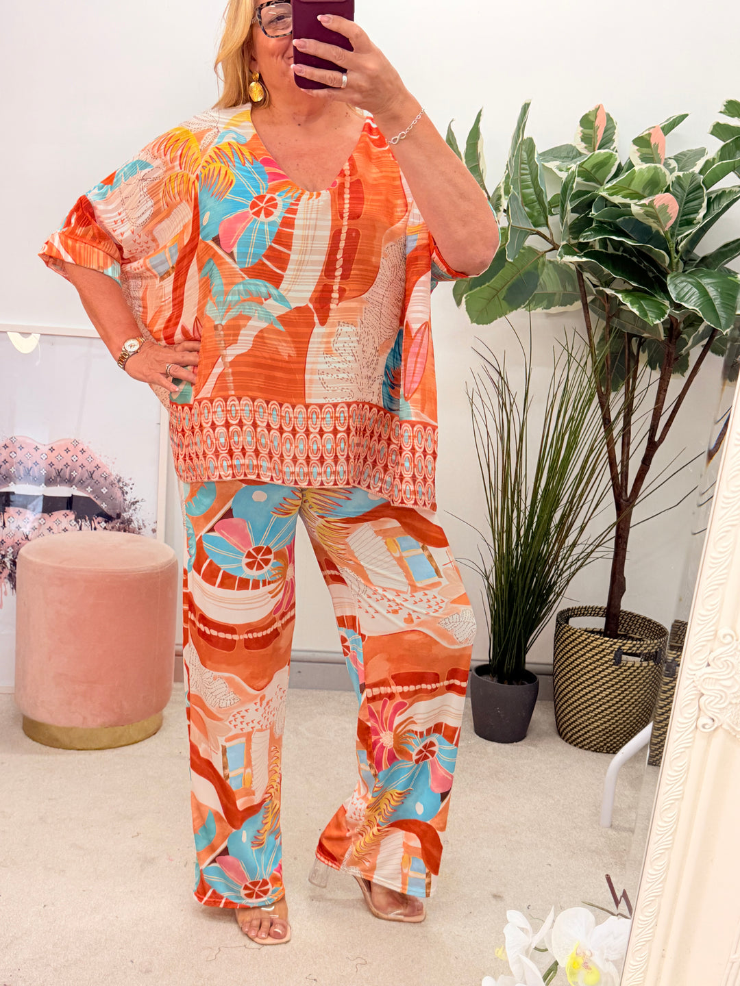 Ladies Orange Chiffon Trouser Co Ord Set