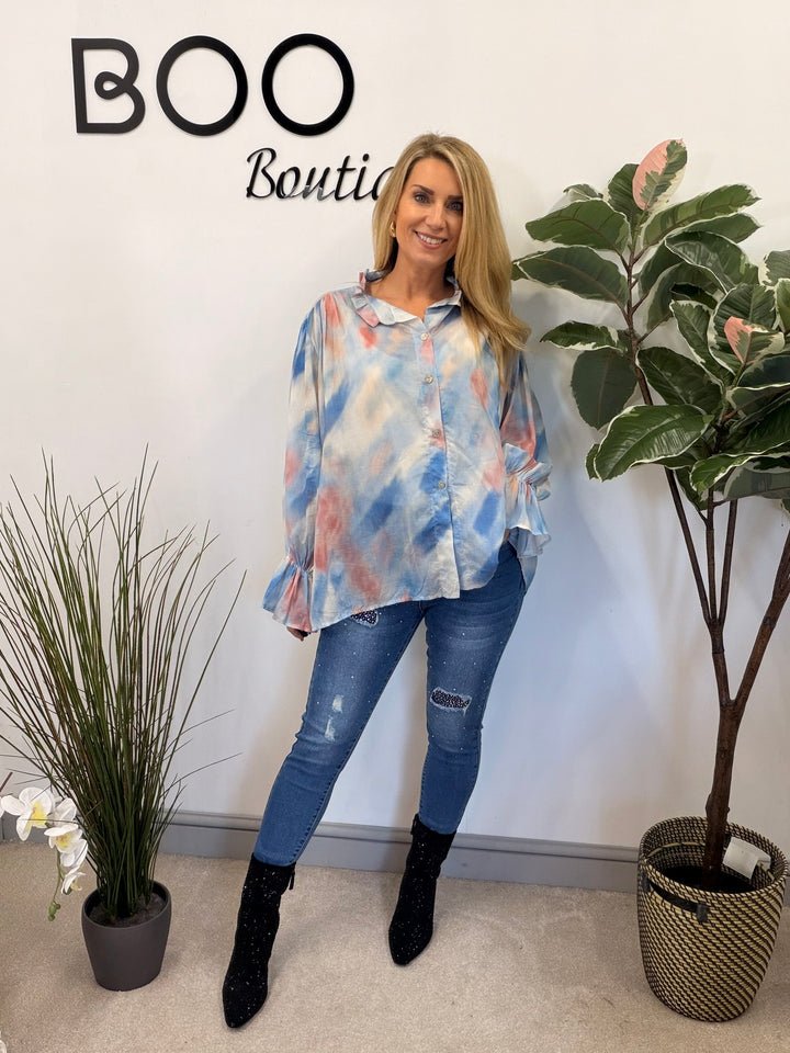 LADIES TIE DYE LOOSE FIT BLOUSE - PINK, NAVY, PALE BLUE