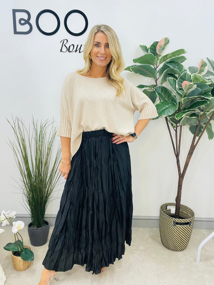 LADIES CRINKLE SATIN MAXI SKIRT - OLIVE, BROWN, NAVY, BLACK, GOLD