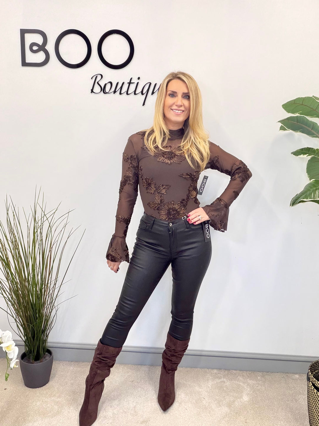 LADIES SHEER LACY TOP - BLUE, BLACK, WHITE, PINK & BROWN