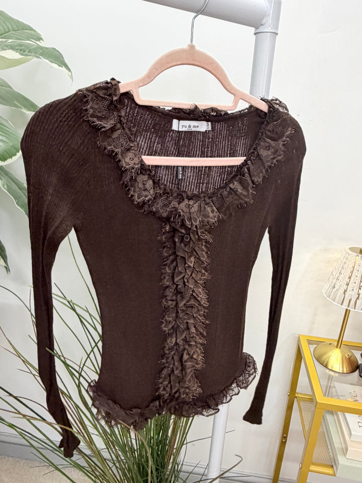 Ladies Fashion Fitted Frill Cardigan Top - Black, White, Brown & Wine