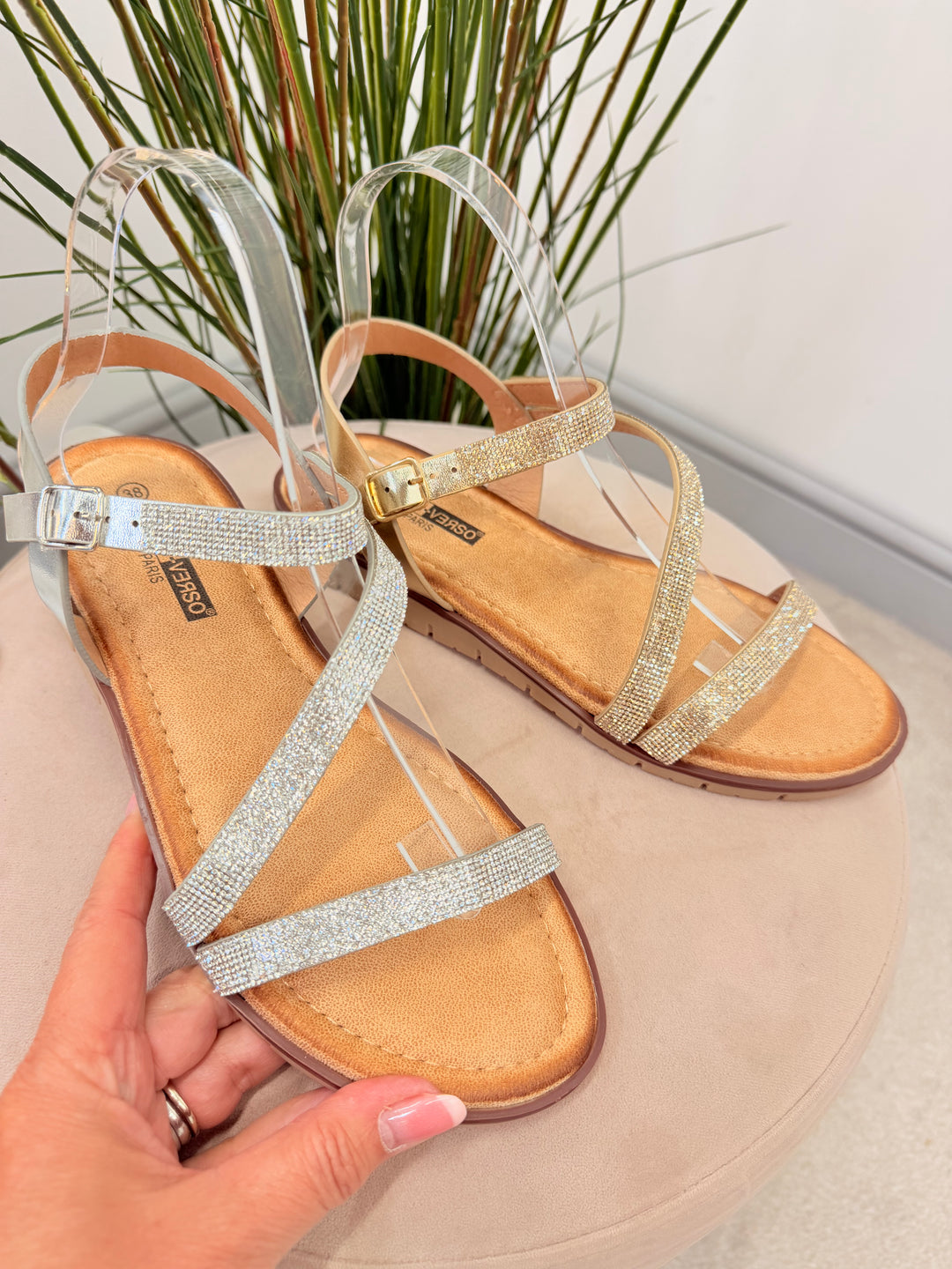 Ladies Diamante Small Wedge Heel Sandals - gold and silver