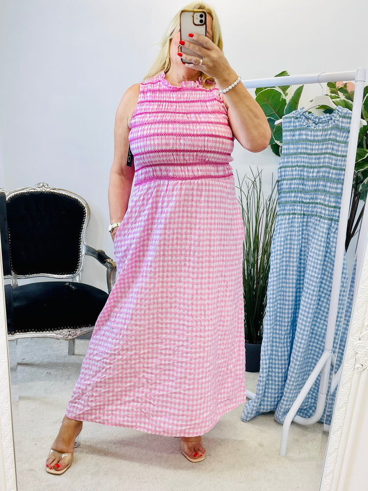 LADIES SUMMER GINGHAM PRETTY MAXI DRESS - PINK & BLUE