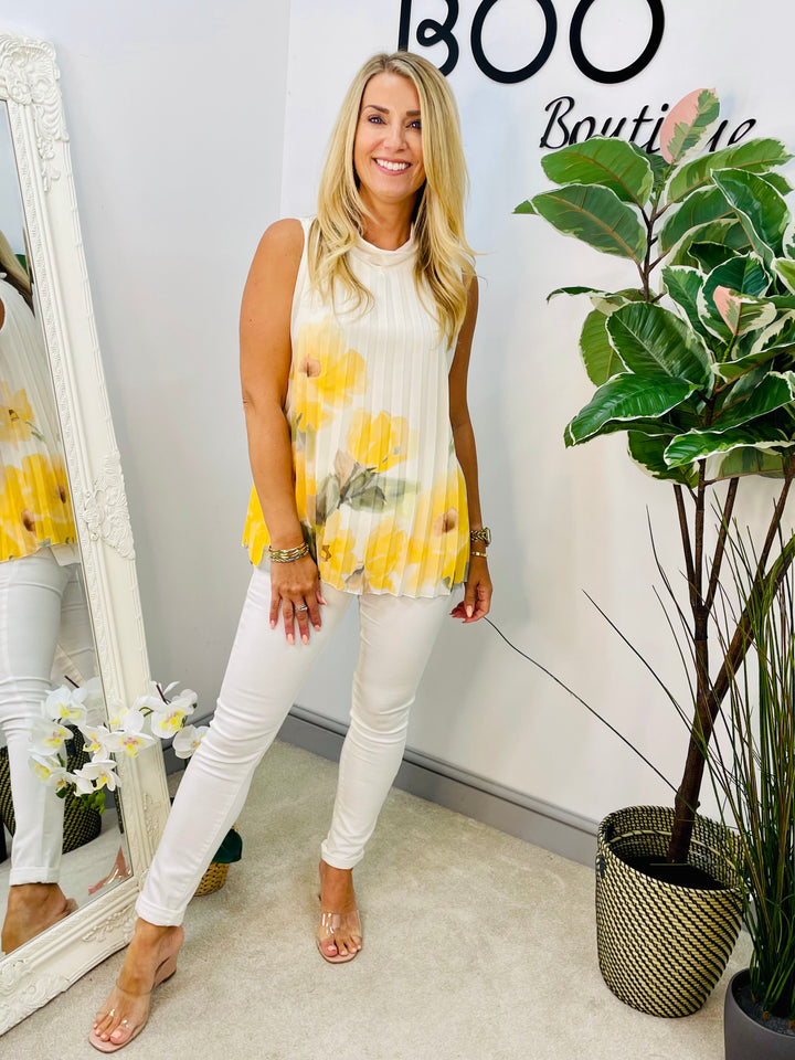 LADIES PLEATED FLOWER PRINT CHIFFON TOP - BLACK, KHAKI, LEMON, PINK & NAVY