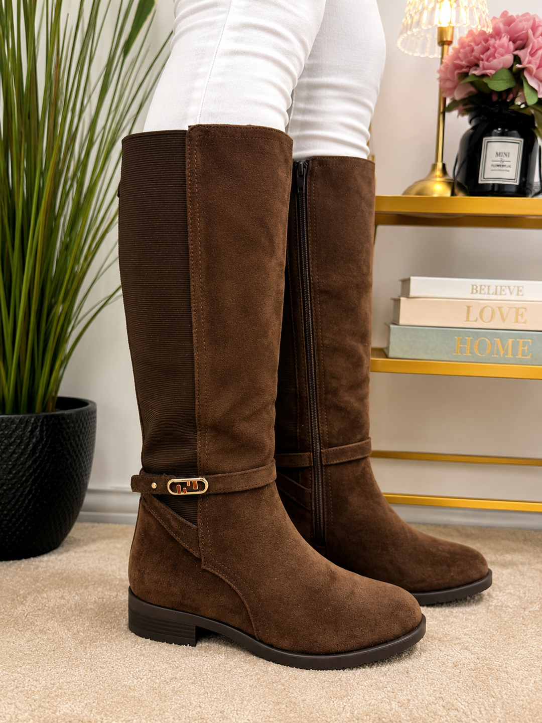 Ladies Fashion Flat Stretch Riding Boots - Black & Brown