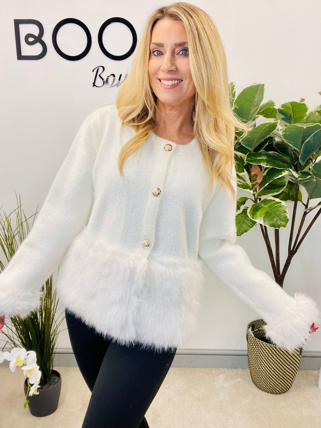 LADIES KNITTED FLUFFY FAUX FUR CARDIGAN - CAMEL, CREAM & BLACK