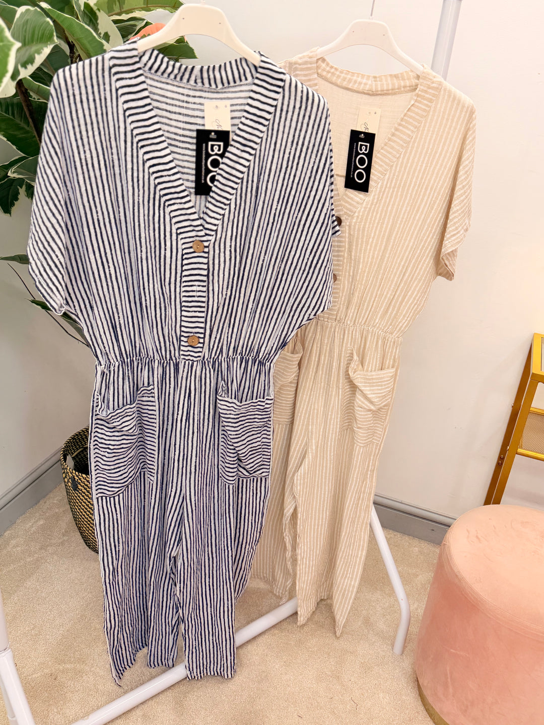 Ladies Linen Pinstripe Cropped Leg Jumpsuit - White, Navy & Beige