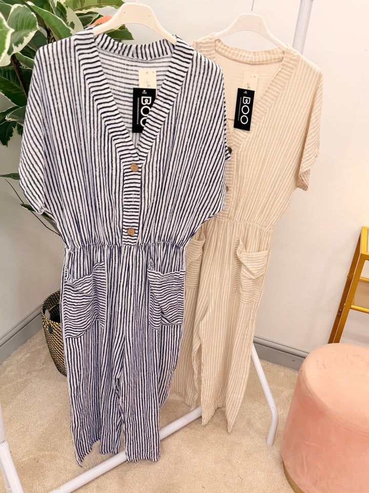 Ladies Linen Pinstripe Cropped Leg Jumpsuit - White, Navy & Beige
