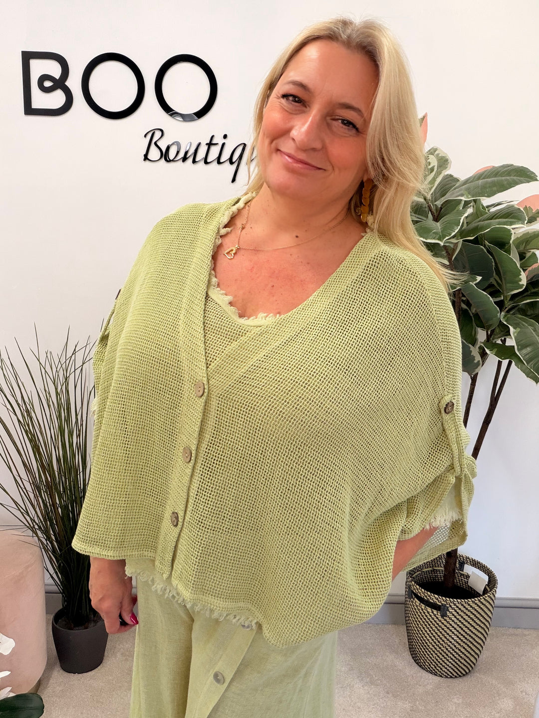Ladies Fashion Tea Bag Linen Mesh Top Cardigan - Blue, Black, White, Lime & Pink