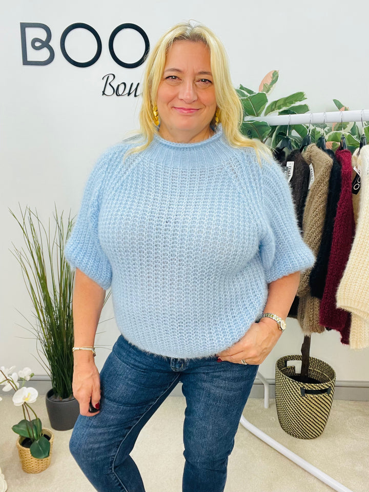 LADIES FLUFFY SHORT SLEEVE JUMPER - BROWN, BLACK, BEIGE, BLUE, BURGUNDY, MOCHA